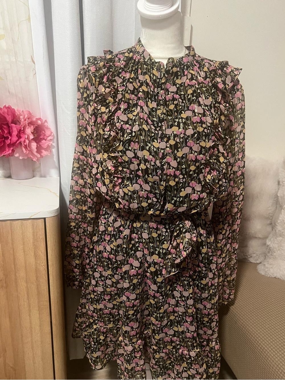 Floral Print Long Sleeve Tiered Dress in Black & Pink